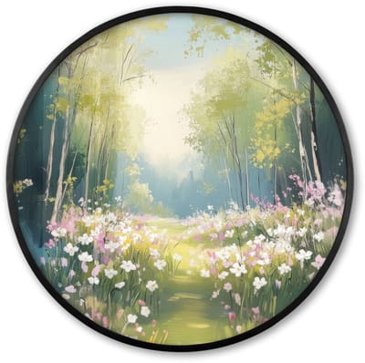 Poster in lijst Rond - Fotolijst 60x60 cm - Posters - Bos - Schilderstijl - Kleurrijk - Ronde posterlijst zwart - Decoratie - Wanddecoratie woonkamer - Muurdecoratie slaapkamer