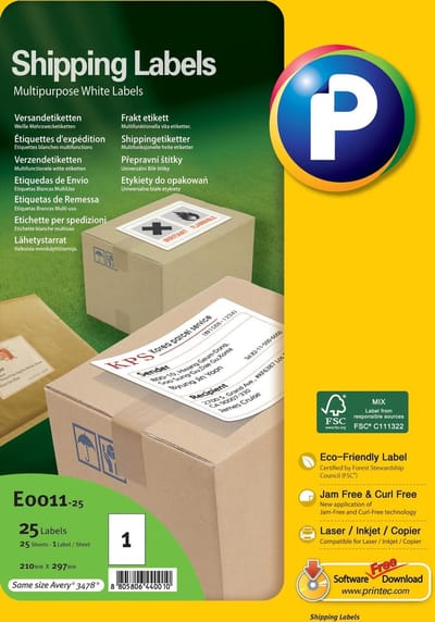 Printec Verzend etiketten - 25 vel - 210x297mm - 1 label per A4 - 25 stickers per doos