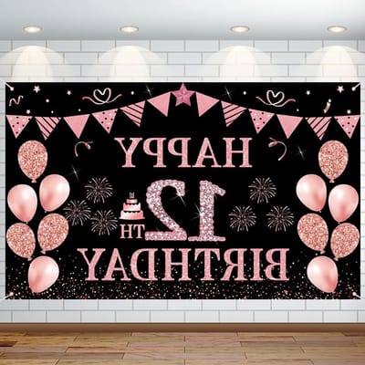 Grote verjaardagsdecoraties voor een 12e verjaardag met een roségouden achtergrond, feestbanner en fotoprop voor een onvergetelijk verjaardagsfeest
