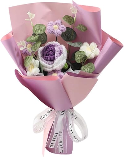 Haakbloemen Boeket - Geknoopte Bloemen Decoratie - Woonkamer Decoreren - Zachte Textuur Garen - 20x5 cm - Paars