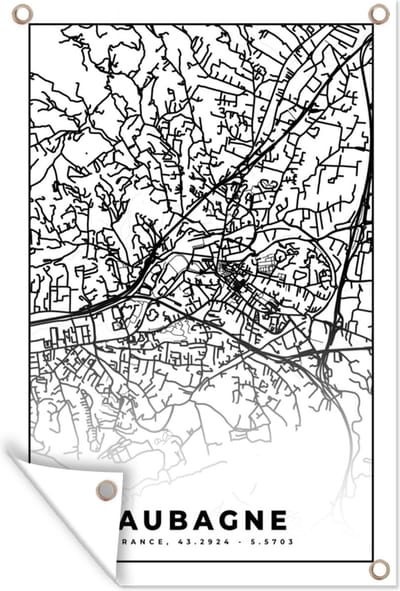 Muurdecoratie Plattegrond - Kaart - Frankrijk - Stadskaart - Aubagne - Zwart wit - 120x180 cm - Tuinposter - Tuindoek