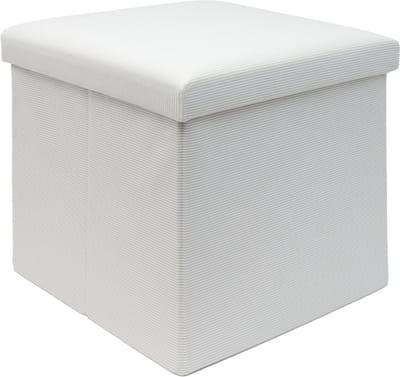 Intirilife Opvouwbaar krukje 38 x 38 x 38 cm in WIT - zitkubus met opbergruimte en deksel van stof in ribfluweellook - zitkubus voetensteun opbergbox kist bankzitting