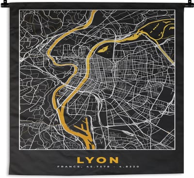 Wandkleed - Wanddoek - Stadskaart – Plattegrond – Kaart – Lyon - Frankrijk - 180x180 cm - Wandtapijt