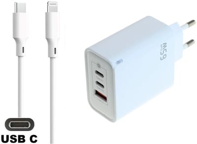 OneOne 65W super snellader met 3 poorten. Oplader met sterke 1,5m USB C naar Lightning kabel. PPS GaN PD lader adapter past op Apple iPad Mini, iPad Mini 2, iPad Mini 3, iPad Mini 4, iPad Mini 5, iPad Air, iPad Air 2, iPad Air 3