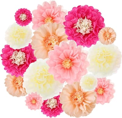 16 Stuks Papieren Bloemen en Pompoms Versieringen in Heldere Kleuren voor Bruiloft, Verjaardag en Babyshower Feesten