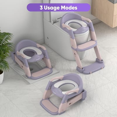 3-in-1 Toilet Trainer met Trapje - WC Bril voor Kinderen met Zacht Kussen - Opvouwbaar & In Hoogte Verstelbaar - Zindelijkheidstraining - Paars
