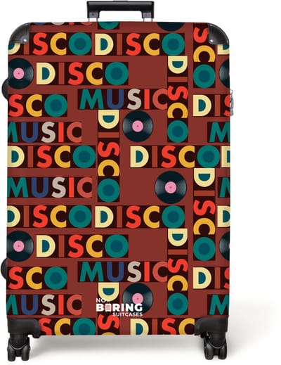 NoBoringSuitcases.com® - Koffer groot - Reiskoffer lichtgewicht - Retro disco 70s tekst patroon kleurrijk - Rolkoffer met 4 wielen - Grote trolley XL - 98 liter bagage