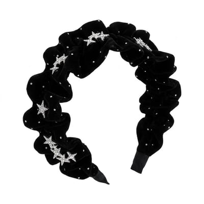 Zwart fluwelen haarband dames met gerimpeld design en zilverkleurige ster versiering – elegante haar accessoire met subtiele strass details voor dagelijks en feestelijk gebruik