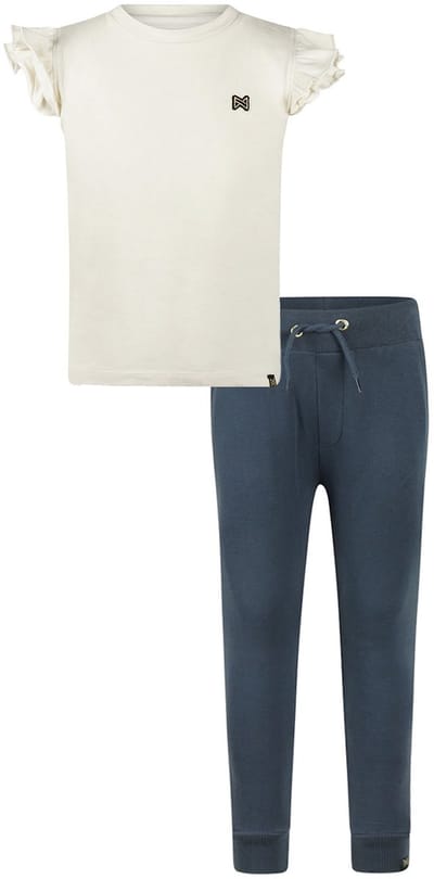 Koko Noko - Basic collection - Biologisch katoen - Kledingset - 2 delig - Joggingbroek Navy - Shirt Offwhite met roesjes - Maat 92