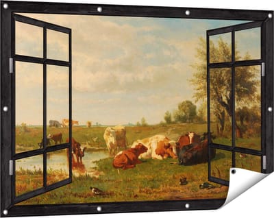 Gards Tuinposter Doorkijk Koeien in de Weide - Gerard Bilders - 120x80 cm - Tuindoek - Tuindecoratie - Wanddecoratie buiten - Tuinschilderij