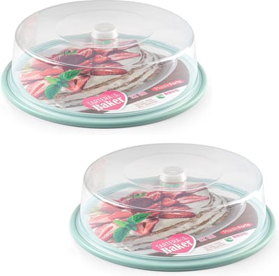 PlasticForte Taartdoos - 2x - 32 x 9,5 cm - transparant - taartstolp - taart plateau - kunststof - mintgroene bodem