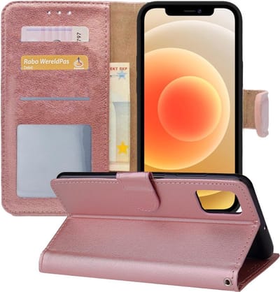 Hoesje - Met Pasjeshouder - Geschikt voor Apple iPhone 12 Mini - Luxe Bookcase Portemonee - Flip Case - Kunstleer Book Case - Flipcase - Book Cover - Walletcase - Portemonneehoes - Telefoonhoesjes - Rosé goud