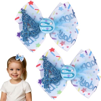2-Pack Verjaardagshaarstrikken voor Meisjes in Aardbeienroze en Blauw, Haarbanden en Haarspelden met Sprankelende Cijfers voor Leeftijd 1-6, Cake Smash Fotoprops en Feestaccessoires