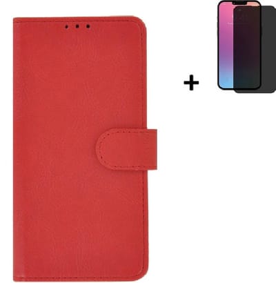 Geschikt voor iPhone 13 Mini Hoesje + iPhone 13 Mini Screenprotector - iPhone 13 Mini Hoes Wallet Bookcase Rood + Privacy Tempered Glass