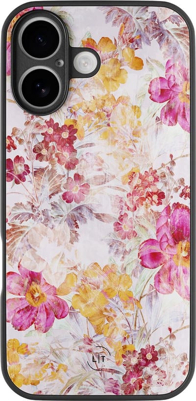 Hoesje geschikt voor iPhone 17 - Pink blossom - Luxe Glazen Hardcase - Bloemen - Multi - Leuke Telefoonhoesjes