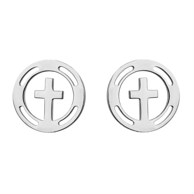 Fako Bijoux® - Oorbellen - Steker - RVS - Stainless Steel - Kruisje In Ring - Zilverkleurig