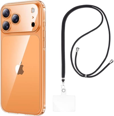 Set met hoesje en nekband voor iphone 17 pro - Flexibele, transparante TPU-bescherming, verstelbare universele nekband voor mobiele telefoons, zwarte nekband, transparante draagriem van Phonillico®
