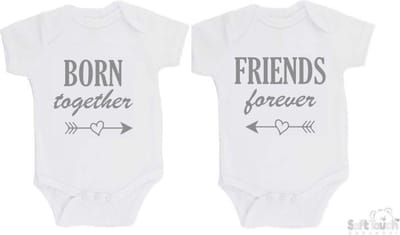 100% katoenen Rompers 2-pack "Born together Friends forever" Unisex Katoen Wit/grijs Maat 56/62