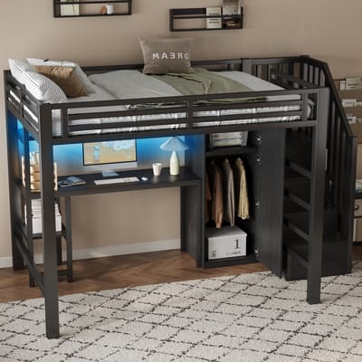 DESMIU Metalen Hoogslaper 140x200 cm – Hoogslaper Met Bureau, Kast, Legplank En Trap – Met Opbergruimte Voor Jeugdkamer – Zwart – Zonder Matras