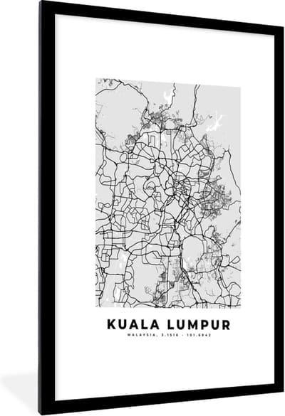 Fotolijst incl. Poster Zwart Wit- Kuala Lumpur - Stadskaart - Plattegrond - Zwart Wit - Kaart - 60x90 cm - Posterlijst