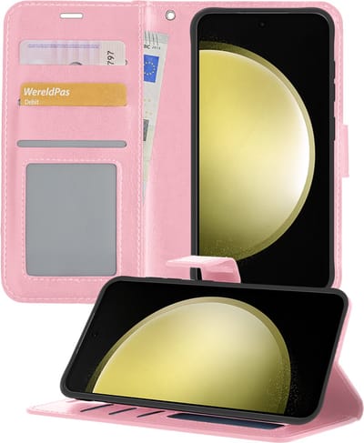 Hoesje - Met Pasjeshouder - Geschikt voor Samsung Galaxy S23 FE - Luxe Bookcase Portemonee - Flip Case - Kunstleer Book Case - Flipcase - Book Cover - Walletcase - Portemonneehoes - Telefoonhoesjes - Lichtroze
