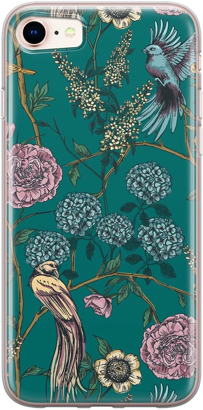 Hoesje geschikt voor iPhone SE (2020) - Vogels Japanse bloemen - Soft Case - TPU - Bloemen - Blauw - Mooie Telefoonhoesjes