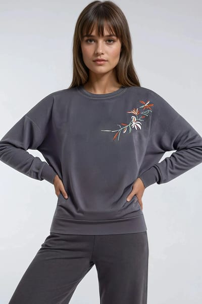 Geborduurde Sweatshirt met Ronde Hals & Rechte Pantalon Twee-delige Set