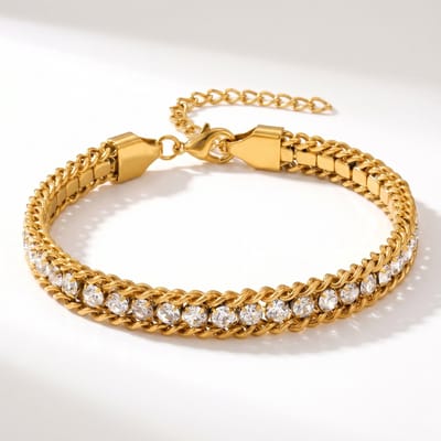 Lundholm Iza Armband Dames Goud Kleurig – Premium Stainless Steel 2.5 Micron PVD Gold Plated – Goudkleurige Schakel Armband met Zirkonia Steentjes – 17 + 5 cm – 6 mm – Scandinavisch Design