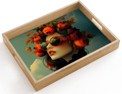 Dienblad hout 40x30 cm - Schootdienblad - Vrouw - Granaatappel - Herfst - Zonnebril - Borrelplank rechthoek - Plateau dienbladen