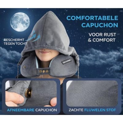 HELDENWERK – Reiskussen Met Capuchon – 24 x 14 x 27 cm & Verstelbaar – Voorzien Van Traagschuim En Afneembare Fluwelen Hoes – Voor Vliegtuig En Auto – Lichtgrijs Polyester