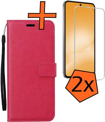 Hoes - Met 2x Screenprotector - Geschikt voor Samsung Galaxy A56 - Luxe Pasjeshouder - Bookcase Portemonee - Flip Case - Kunstleer Book Case - Flipcase Hoes - Book Cover - Walletcase - PortemonneeHoes - Donkerroze
