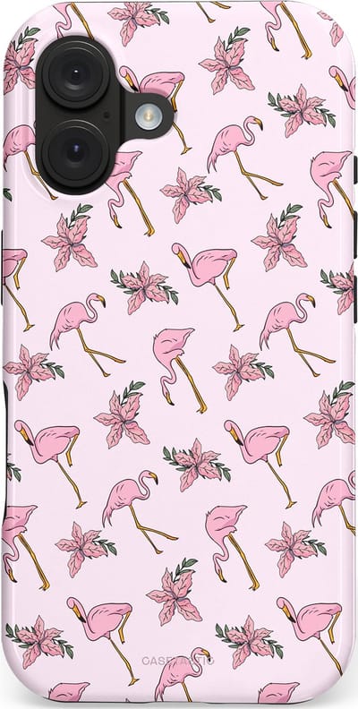 Casetastic hoesje geschikt voor Apple iPhone 16 - MagSafe - Dubbellaagse bescherming - Tropisch Roze Flamigo Bloemen Paradijs - Fashion Case - Lichtgrijs Wit Lichtroze