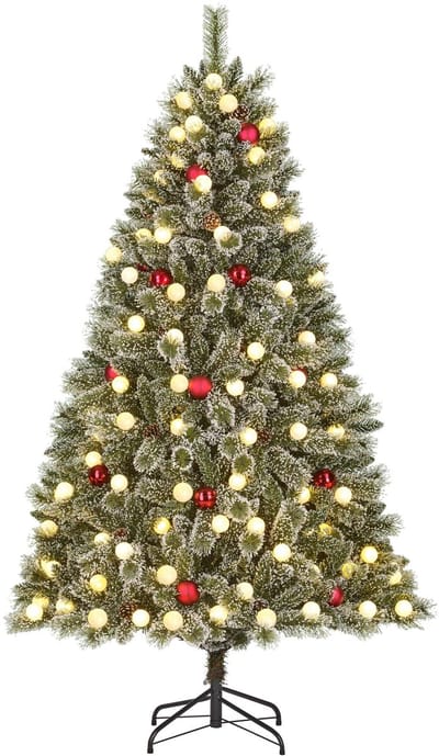 Black Box Trees Kaprun Kunstkerstboom met Verlichting - Kerstboom H180 x Ø108 cm - Kerstversiering met Kerstornamenten en Timerfunctie - Scharnierconstructie - Groen, Rood