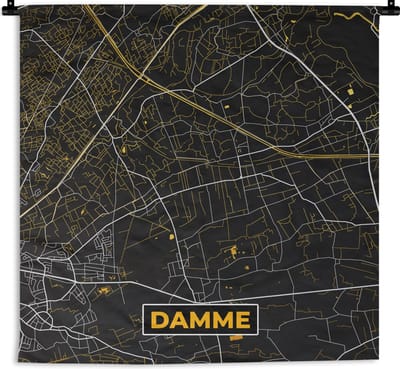Wandkleed - Wanddoek - Black & gold - Stadskaart - Plattegrond - Damme - Kaart - 180x180 cm - Wandtapijt