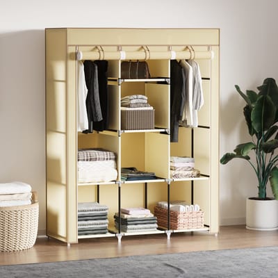 MODFU Stoffen Kledingkast - 8 Planken En 2 Hangroedes - Compact - Voor Slaapkamer Of Wasruimte - Staal - Beige - 125 X 43 X 162,5 Cm