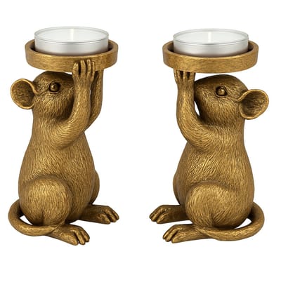 Set van 2 – Theelichthouders Muis – Goudkleurig – Polyresin – 8,6 × 6,5 × 14,5 cm per stuk