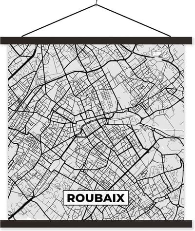 Posterhanger incl. Poster 60x60 cm - Schoolplaat - Plattegrond - Roubaix - Stadskaart - Kaart - Frankrijk - Textielposter - Zwarte latten - Stadskaart
