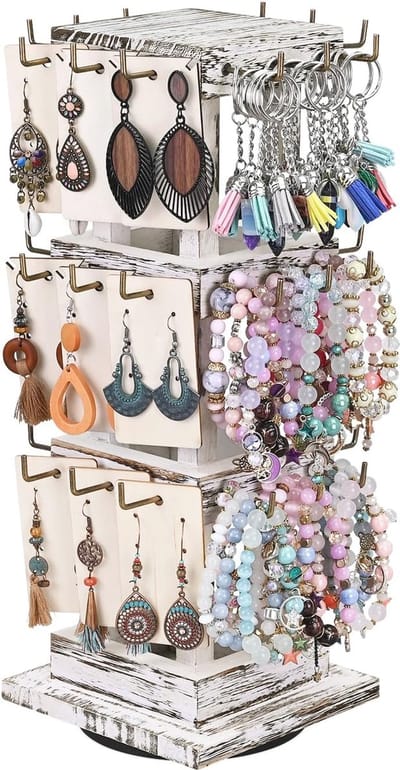 Roterende houten sieraden display toren voor oorbellen en sleutelhangers