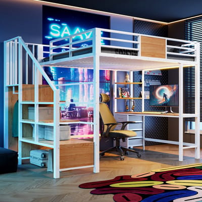 Hoogslaper - 140x200 - Met Bureau, Planken, Stang - LED + Stopcontact - Metaal - Onbekend