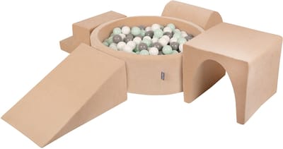 KiddyMoon Schuimrubberen speeltuin VELVET PPZP-OK30V-125 met zandbeige ballen: wit-grijs-mint zwembad 200/club L/groef/tunnel/trap