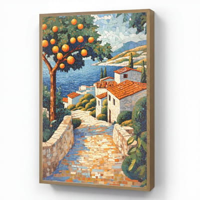 Wandlamp 60x90 cm - Oplaadbaar - Huizen - Mozaïek - Sinaasappelbomen - Zee - Wandlampen binnen woonkamer - Slaapkamer lamp - Decoratieve nachtlamp - Vloerlamp draadloos