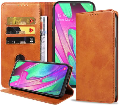Geschikt voor Samsung Galaxy A40 Telefoonhoesje Kunstleer met Magnetisch lipje en Pasjeshouder Book Case met Klepje - Bruin - Smartphonica geschikt voor Samsung Galaxy A40