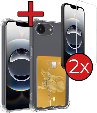 Hoesje - Geschikt voor Apple iPhone 16e / 17e - Met 2x Screenprotector - Pashouder - Kaarthouder - Back Cover - Telefoon Hoes Shockproof - Siliconen Case - Shock Proof - Pasjes Houder - Telefoonhoes - Transparant