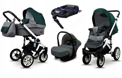 BabyLux® Kinderwagen 4in1 – SKY LARK - Grey Flex Green WHITE FRAME - Opklapbare Wandelwagen incl. Reiswieg, Multifunctionele Buggy Sportstoel, Autostoel, ISOFIX basisstation - Combi-kinderwagen met Luiertas, Regenhoes, Klamboe