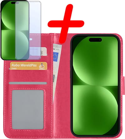 Hoesje Met Screenprotector - Geschikt voor Apple iPhone 15 - Luxe Pasjeshouder - Bookcase Portemonee - Flip Case - Kunstleer Book Case - Flipcase - Book Cover - Walletcase - Portemonneehoes - Donkerroze