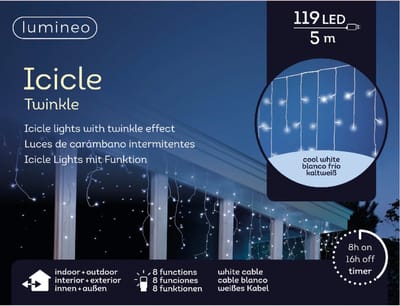 Lumineo IJspegel verlichting - 119 led lampjes - koel wit - 500 cm - 8 knipperfuncties - IP44 - kerstverlichting - ijspegellampjes