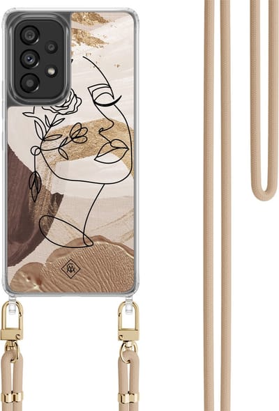 Casimoda® hoesje met koord - Geschikt voor Samsung A53 - Abstract Gezicht Bruin - Afneembaar koord - TPU/polycarbonaat - Bruin/beige