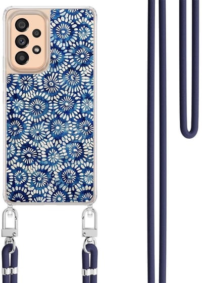 Hoesje met koord geschikt voor Samsung Galaxy A52 5G - Azure daisies - Inclusief Donkerblauw koord - Crossbody beschermhoes - Transparant, Blauw - Mooie Telefoonhoesjes