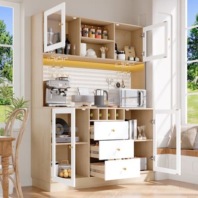 REDOM - Hoge kast met LED-verlichting - Glasfronten en vergrendelbare constructie - Verstelbare planken en wijnrek - Moderne stijl - Woonkamer - MDF en glas - Wit - 140 x 40 x 185,7 cm