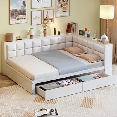 DESMIU Slaapbank 140x200 cm – Houten Bed Met Zachte Rugleuning – Met 2 Opberglades – Voor Logeer- Of Jeugdkamer – Grenenhout – Wit – Zonder Matras